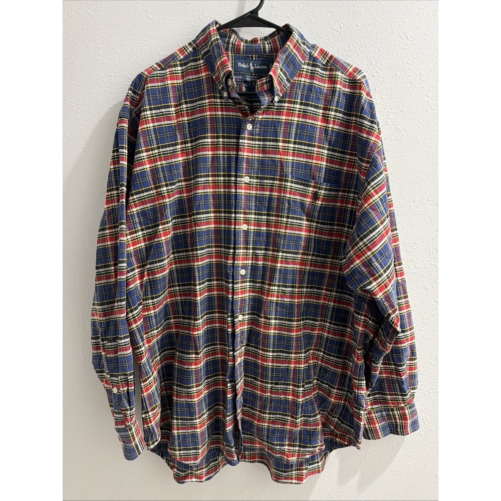 Vtg Ralph Lauren "The Big Shirt" Men's Large Blue‎ Green Plaid Button Down L/S